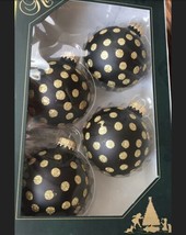 Krebs Christmas Ornament Set 4 Glittery Gold Polka Dots Black Glass Balls - £15.53 GBP