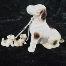Spaniel Mama Dog w 2 Puppies on Chain White Dark Brown Gray Vintage Japan - £12.34 GBP