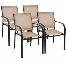 Patiojoy Set of 4 Patio Dining Chairs Stackable w/ Armrests Garden Deck Brown - £205.23 GBP