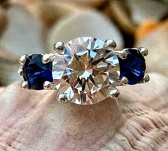 3.5CT Lab Created Blue Sapphire &amp; Diamond Engagement Ring 14K White Gold Finish - £104.62 GBP