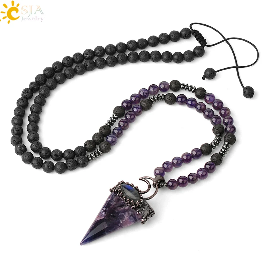 CSJA Long Beads Natural Stones Pendant Necklaces Triangle Pendant 6mm Purple - £14.12 GBP+