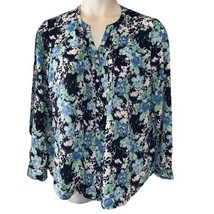 L Laura Scott Blue Green Button Up Pleated Front Floral Blouse Womens V Neck GUC - £17.95 GBP