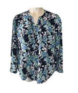 L Laura Scott Blue Green Button Up Pleated Front Floral Blouse Womens V ... - £17.64 GBP