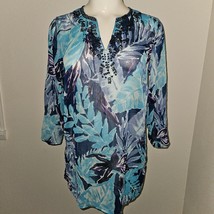 NEW Tantrums Blue Tropical Sheer Shirt Cover-Up Size Small Beaded Floral... - £13.41 GBP