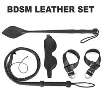 Real Cow Leather Wrist Cuffs, Eye Mask, Riding Crop &amp;Bullwhip BDSM Bondage Set - £367.74 GBP