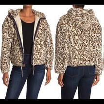 Lucky Brand Sz XS Beige Leopard Jacket Faux Fur Hooded Zip Bomber $198! - £21.79 GBP
