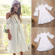 Girls White Beach Dress. Cotton Lace Cold Shoulder Dress. Flower Girls D... - $24.34 CAD+