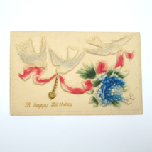 Postcard Happy Birthday Germany Antique 1913 Embossed 3D Doves Blue Flowers Red - £11.71 GBP