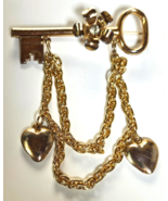 Vintage Signed Coro Pegasus Gold-tone Key Brooch W/Flower &amp; Dangling Hearts - $61.27 CAD