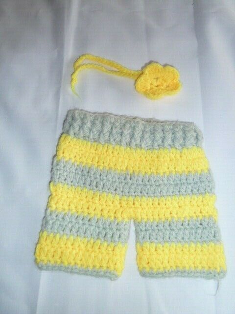 NEWBORN BABY INFANT PHOTO PROP KNIT CROCHET YELLOW GRAY STRIPE PANTS HEA... - $14.75