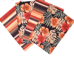 4 Hawaiian Floral Fabric Placemats Reverses to Stripes - £19.20 GBP