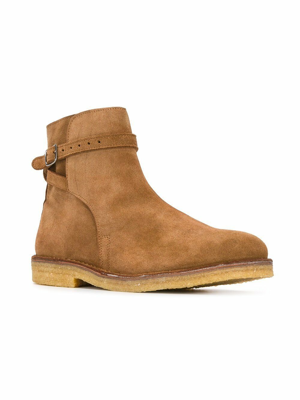 Men's Brown Chelsea Handmade Suede Leather Rounded Buckle Strap Boots US 7-16