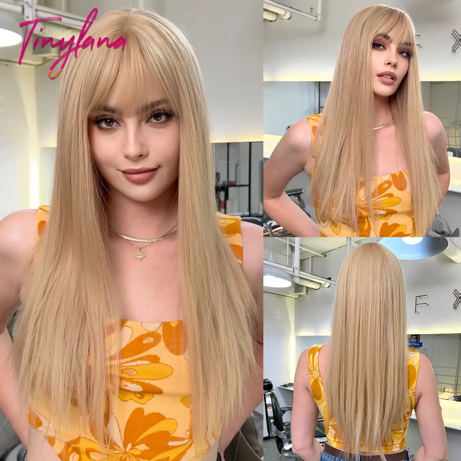 Light Blonde Long Straight Synthetic Wigs Lolita Cosplay Hair with Bangs for - £22.65 GBP