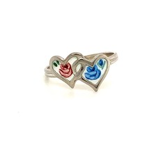 Vtg Signed Beau Sterling Art Deco Enamel Rose Flower Paint Two Hearts Ring 7 1/4 - £32.70 GBP