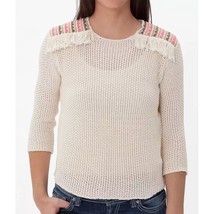 Billabong Sandy Kisses Women&#39;s M Boho Aztec Fringe Open Knit Crop Sweater, Beige - £18.66 GBP