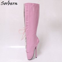 Knee High Boots For Women Ballet Heels Pink Shiny Lace Up Dominatrix Crossdresse - £229.87 GBP