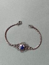 Vintage Thin Chain w Lacy Silvertone Frame Around Oval Delft Signed Blue &amp; White - £13.14 GBP