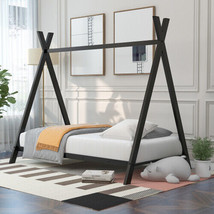 House Bed Tent Bed Frame Twin Size Metal Floor Play House Bed - Black - £162.57 GBP