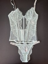 Victoria&#39;s Secret 34C 34D 36B M CORSET TOP+S Panty MINT green Lace SHINE... - £91.83 GBP