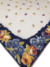 Vtg 1950s Hanky Handkerchief White Blue GORGEOUS Floral Border Roll Edge Pretty - £16.82 GBP