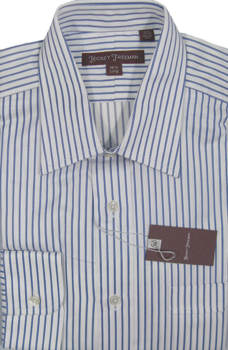 Primary image for NEW $195 Hickey Freeman Crisp Shirt!  17 35   *White with Blue Stripes*