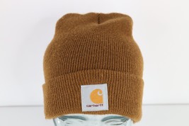 Vtg Carhartt Spell Out Box Logo Knit Winter Beanie Hat Cap Duck Brown Acrylic - £23.39 GBP