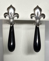 Sterling Silver Genuine Black Onyx Teardrop Fleur-de-Lis Post Earrings - £48.22 GBP