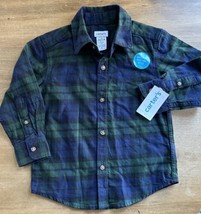 Carter&#39;s Boys Toddler 2T Plaid Flannel Button Up Shirt Navy Blue Green NEW - £14.87 GBP