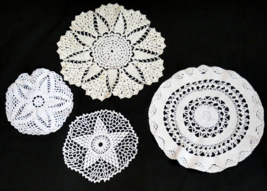 Vintage Hand Crocheted Doilies Lot of 4 White Ecru Round 7&quot; - 11.5&quot; - £11.09 GBP