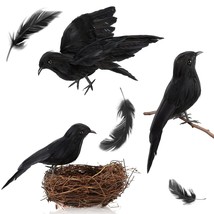 3 Pcs Halloween Black Crows, Fake Crow With Bird&#39;S Nest Handmade Lifelike Raven  - £28.46 GBP