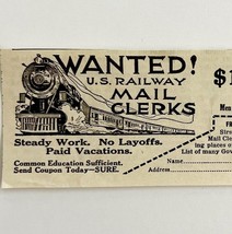 1922 U.S. Railway Clerks Wanted Railroad Advertisement Transportation Ephemera - £16.90 GBP
