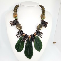 Vintage LES BERNARD Jade and Shell Sratement Necklace Chic Green Brown Choker - £141.60 GBP