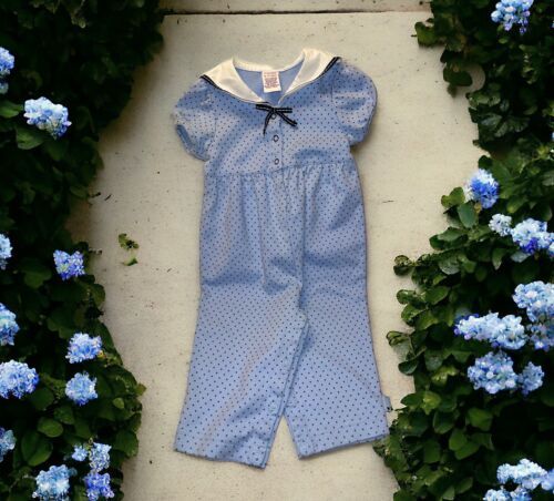 Vintage 1990s Gymboree Infant Jumpsuit Baby Snaps kitty cat blue polka dot - £23.73 GBP