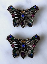 Sweet Romance Butterfly Brooches Antique Gold Metal w/Jewel Tone Rhinestones - £22.86 GBP
