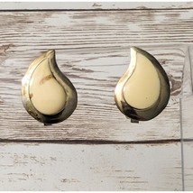 Vintage Clip On Earrings Cream &amp; Gold Tone Teardrop - Some Damage - $7.99