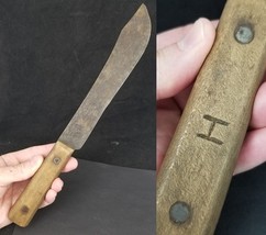 LARGE Butcher Knife 12.5&quot; vintage &quot;H&quot; Carbon Steel PRIMITIVE wood - $52.99