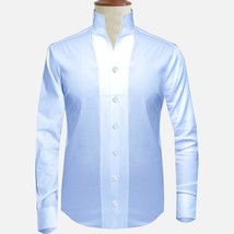 Sky Blue Men Shirt in High Open Collar Shirt Tall Neck Stiff Collar Father Day - £112.59 GBP