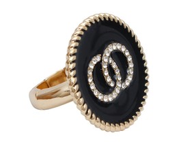 Round Clear Rhinestone Black Epoxy Infinity Charm Gold Plated Stretch Ring - £22.99 GBP
