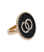 Round Clear Rhinestone Black Epoxy Infinity Charm Gold Plated Stretch Ring - £23.43 GBP