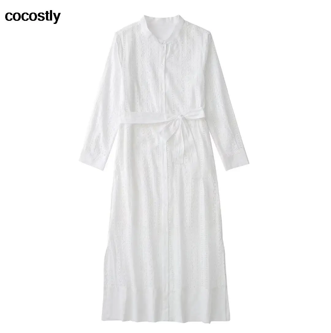 New 2023 Spring Summer Women White   Shirt Midi Dress Chic Embroidery Long Sleev - $125.09