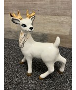 White Christmas Ceramic Reindeer Hand Painted Gold Antlers Big Eyes Hand... - $24.18