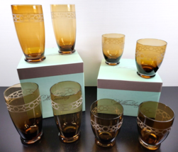 8 Pc Artland Gazebo Amber Highball Double Old Fashioned Glasses Box Set Etch Lot - £93.34 GBP