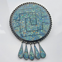 VINTAGE TAXCO 925 STERLING SILVER CRUSHED TURQUOISE MOSAIC FRINGE BROOCH... - $64.52