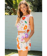 White Floral Cropped Tank and Frilly High Waist Shorts - $15.07