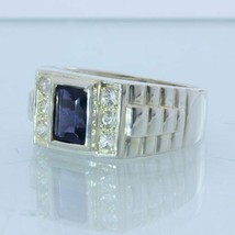 Blue Iolite White Sapphire 925 Watchband Style Gents Ring Size 11 Design 288 - £105.36 GBP