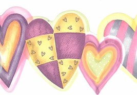 Dundee Deco BD6280 Prepasted Wallpaper Border - Kids Yellow, Pink, Purple Hearts - £10.34 GBP