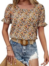 Elegant Floral Women Square Neck Short Sleeve Puffed Sleeves Blouse (XL)... - $287.30 MXN
