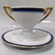 Vintage European Porcelain Cream Soup Cup &amp; Saucer Set White Gold Blue C... - £22.10 GBP