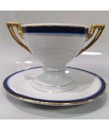 Vintage European Porcelain Cream Soup Cup &amp; Saucer Set White Gold Blue C... - £22.13 GBP
