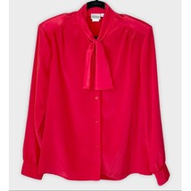 VINTAGE red tie neck long sleeve silky blouse fits size Large  - £19.07 GBP